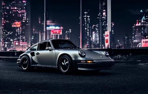 Prompt: In a futuristic, cyberpunk city, a gunmetal grey 1989 Porsche 911 Turbo with black wheels is parked outside an empty gas station in the middle of the night.