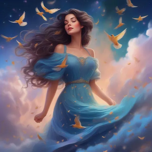 Prompt: A colourful, beautiful brunette, Persephone, in a beautiful flowing dress made of stars in the clouds with birds flying around. In a photorealistic painted Disney style.