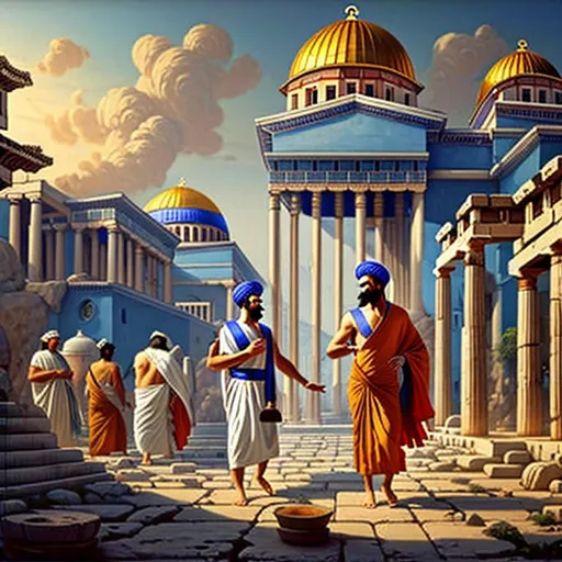 Prompt: A Greek person is wearing a necktie and a traditional toga, the person is wearing a ten-gallon hat, the area is surrounded by buildings with blue domes, landscape, realistic, photograph