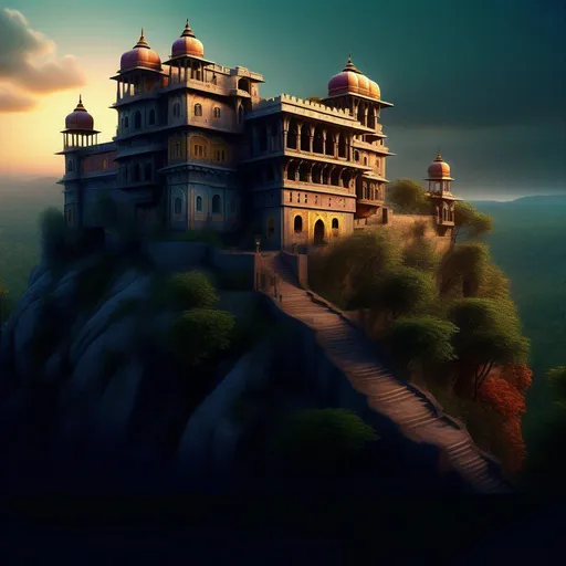 Prompt: Create a highly detailed, ultra high definition photo-realistic image of a keep,  abended palace , on a cliff, near a forest, India , approaching from the forest, character concept, cinematic, colorful background, concept art, dramatic lighting, highly detailed, hyper realistic, intricate sharp details, octane render, smooth, ultra studio lighting, perfect shading and shadows, trending on art station, 64k, HDR, unreal engine, emotive, cgi, animated, character art, iridescent, metallic.