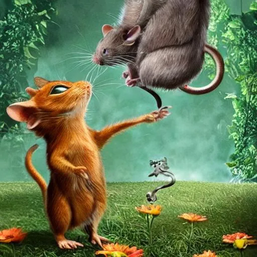 Prompt: In a fantastical world, a tiny rat stands triumphantly, holding a massive cat in its grasp. The cat, bewildered by its tiny captor, stares up at the rat with wide eyes. The surrounding scenery is lush and verdant, with towering trees and vibrant flowers in bloom. As the rat confidently brandishes its feline captive, it seems as though anything is possible in this magical realm.