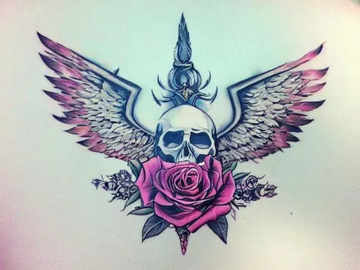 Prompt: Make the image tattoo art with swords, skulls, wings and roses.