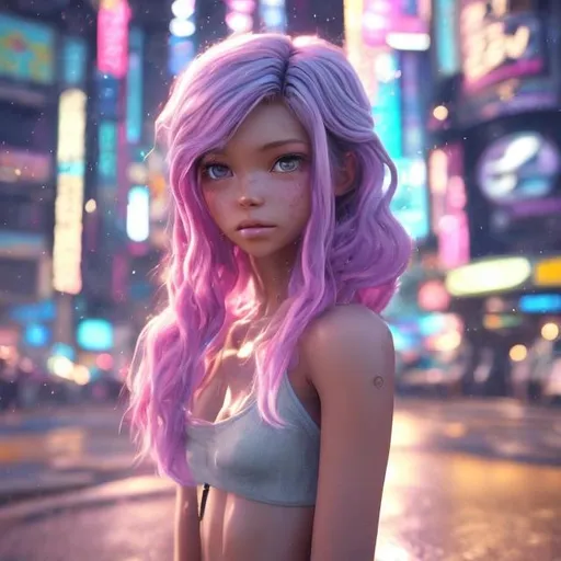 Prompt: New character. Stunning. Cute. Dimples. Mesmerising . Pheromones. Innocent. Naive. Alluring. Young woman. beauty. Interesting eye makeup. Pastel coloured hair. Incredibly gorgeous. Sweet. Very Futuristic skimpy small tight clothes. Revealing. Realistic. Gritty. Detailed. Full body. Neo Tokyo background.