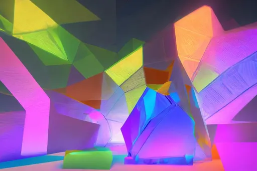 Prompt: color 3d rendered with vanishing point perspective minimalistic sharp straight edges and smooth shaded abstract cubism style, a bismuth crystal, a light off screen on the left.