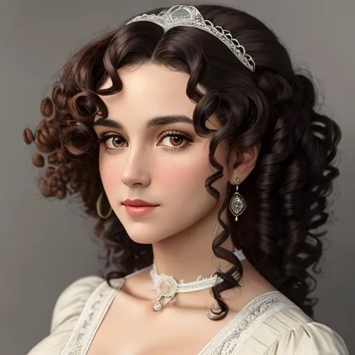 Prompt: An attractive 35 year old woman with very curly hair, elegant, Victorian era, 19th century, facial closeup