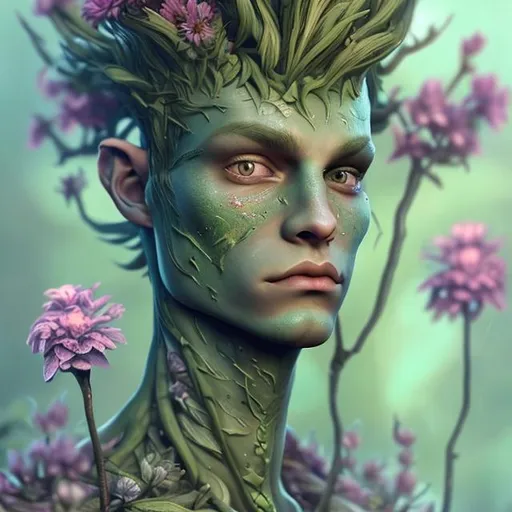 Prompt: male dryad, pastel green skin, flowers growing from skin, nature decal on skin, high detail, magical, pastel colors, high fantasy