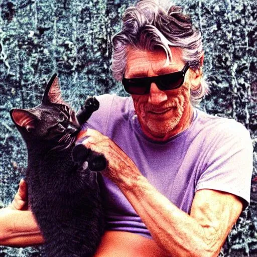 Prompt: Roger Waters playing with a cat
