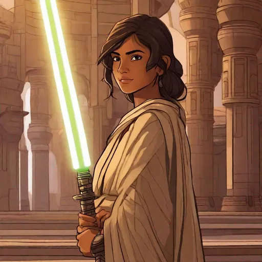Prompt: A cute Indian jedi 18 years old girl. He wears jedi robes, in background an ancient light side jedi temple. Rpg art. Star wars art. 2d art. 2d. Well draw face. Detailed. Dynamic pose. 