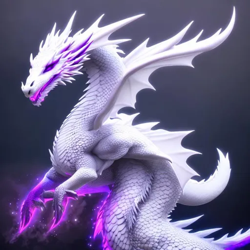 Prompt: a white dragon with purple flames, portrait, digital concept art, side view, deviantart style, uncropped,