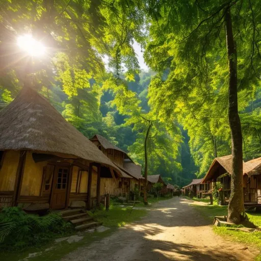 Prompt: Big dark wood village with trail in a lush green forest with beautiful trees, nice daylight, nice weather light blue sky high resolution 4k