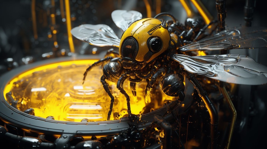 Prompt: bubbles emerge from the vector whirpool, in the style of cyberpunk realism, black and yellow vibes, zbrush, argus c3, made of insects, industrial machinery aesthetics, shiny eyes, high definition