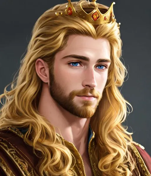 Prompt: Long-shot hyper realistic oil painting, Hudson, 8k, of a ruggedly handsome,20 year old prince,  strong musculatute, FULL BODY,golden crown, a short blonde wavy hair, short scruffy beard, very detailed eyes, centered in frame, intricate details, very detailed eyes, correct perspective, natural light