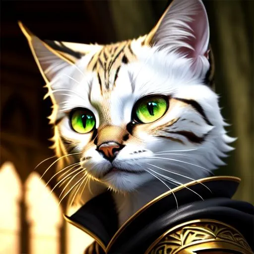 Prompt: (masterpiece), (best quality:1.2), (intricate detail), dynamic angle, looking at viewer, (female), ((solo)), (((full body))), (slender), (((tabaxi))), (((white fur))), ((green pupils)), (((light armor))), leather armor, ((cloak)), mysterious, ((ominous expression))