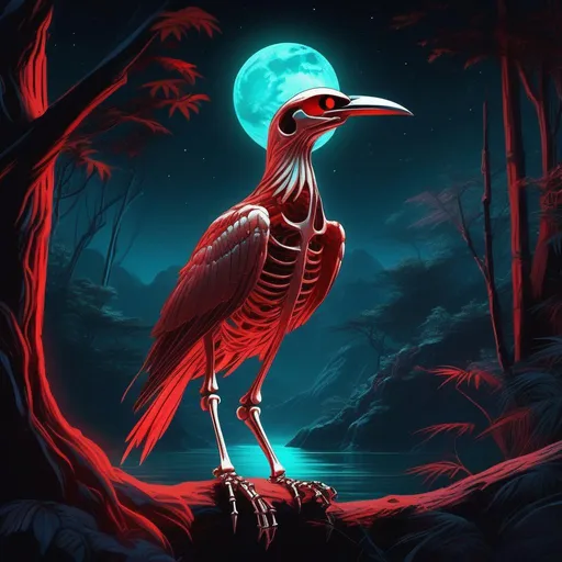 Prompt: A mythical bioluminescent skeleton of a bird that is glowing, evil, scary, creepy, terrifying, dripping red rainforest, huge blood moon, beneath the stars, highres, best quality, concept art