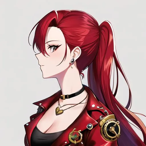 Prompt: Haley with bright red hair pulled back, side profile, wearing a heart locket, steampunk