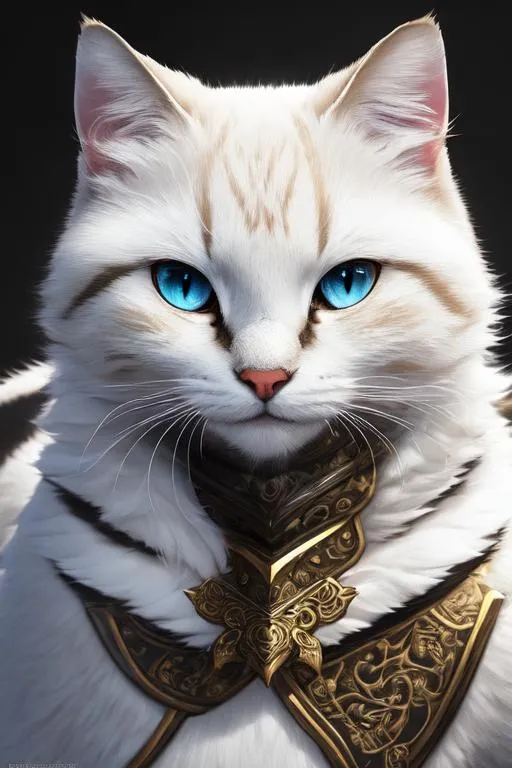 Prompt: (masterpiece), (best quality:1.2), (intricate detail), dynamic angle, looking at viewer, (1female 1male), ((solo)), (((full body))), (slender), (((tabaxi))), (((white fur))), ((blue pupils)), (((light armor))), black armor, ((cloak)), mysterious, ((ominous expression))