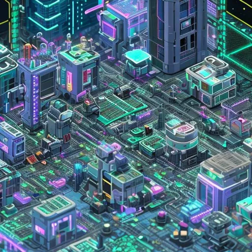 Prompt: pixel perfect microscopic cyberpunk community living on a circuitboard:: hyperrealisitc circuitboard:: 8k