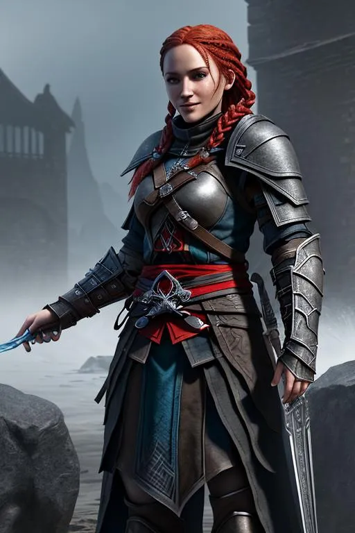 Prompt: Digital art, Assassin's Creed black gear, (((DreamShaper Version 1))), Berk of How to Train Your Dragon, viking woman, subtle smile, red hair, cornrow braids, blue eyes, ((black gear, black armor,)) unreal engine, 8k octane, 3d lighting, full body, full armor