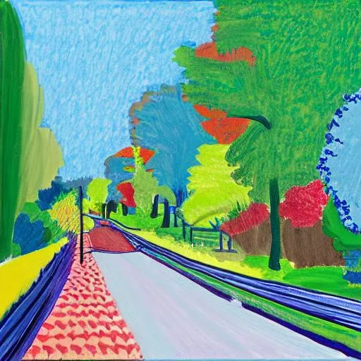 Prompt: Create a David Hockney style painting about the palisades neighborhood in Washington DC