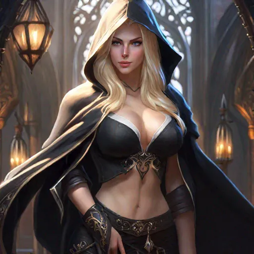 Prompt: Game art, fantasy, Beautiful busty seducer, goth, (crop top:1.5), barely clothed, blond hair, pale skin, hooded cloak, full body, 4k