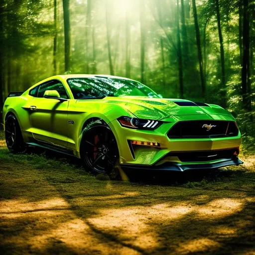 Prompt: A man, car like yellow mustang, background adventures,forest,messy hair,good bulk physic, green fluor acid decoration