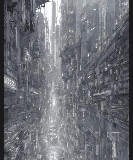 Prompt: full page scan of 1400s detailed concept art, cyberpunk, mathematics and geometry, architecture, urban section, post apocalyptic, desaturated, 8K matte, good lighting, concept in the style of blame! manga