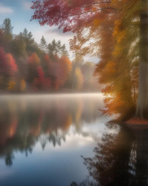 Prompt: A peaceful autumn morning landscape with rays of light peeking through the mist hovering above a glassy lake, surrounded by vibrantly colored trees (((reflecting))) in the still water. Long exposure provides soft, ethereal effects. Conveys serenity, tranquility, and natural beauty. Shot with a wide angle Sony a7R IV and a 16-35mm GM lens.