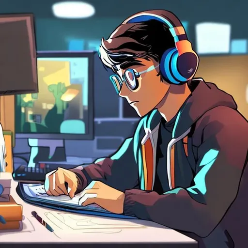 Prompt: /imagine a comic side profile of a teen
 with headphones doing his homework in front of his computer.
