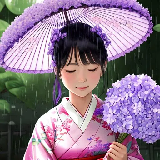 Prompt: {{{Illustration}}},  {{{best quality}}}, {{ultra-detailed}},  {{an extremely delicate and beautiful}},   Rainy season in Japan.   In the pouring rain, a girl sniffs the fragrance of light purple hydrangeas  flowers  with an enraptured look on her face. She is dressed in traditional Japanese attire.  Upper body.
