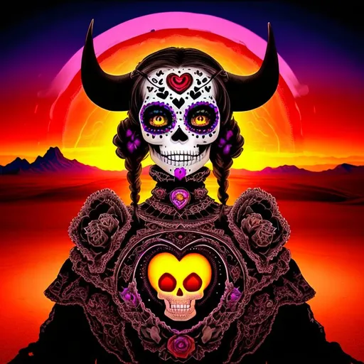 Prompt: Beautiful, Epic, Amazing, dark, 3D, HD, ink, (Beautiful {Sugarskull}{Cow-Skull} and happy face), freeform psychedelic chaos ultra HD, digital painting,  desert with {heart-shaped Sunset} background, uber detailed, 64k, high quality, sharp focus, studio photo, intricate details, highly detailed --s98500