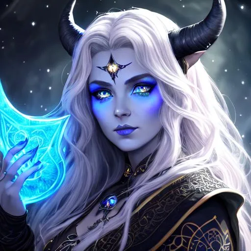 Prompt: A beautiful D&D Circle of Stars Druid, character portrait, dark fantasy, detailed, realistic face, digital portrait, fiverr dnd character. 

Of a beautiful Tiefling woman of 27 years old, with blue skin, horns, tattoos of stars on her face and hands, one eye of black with an iris of a white cross. 

She is wearing a witch's robe and Hat with the underside of the Hat having a star constellation on it. Leather armor and Amethyst Cloak A dazzling purple and black sewed cloak studded with amethyst gems.