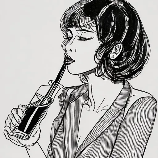 Prompt: A hand drawn picture of a woman in lust drinking cocktails, simple lines. in color