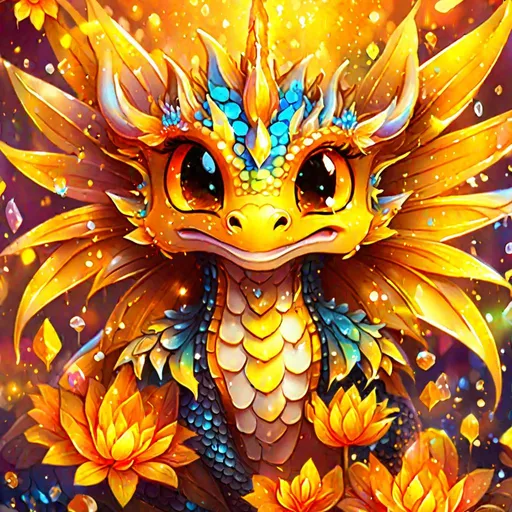 Prompt: (in dripping art style) dragon faerie, yellow colors, neon amber scales, big emotional eyes, topaz-diamond glimmer, light rays, radiant, treasure background, flowers, best quality, masterpiece 