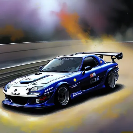 Prompt: Hi resolution, painting of Mazda RX 7 type RB FD3S going fast