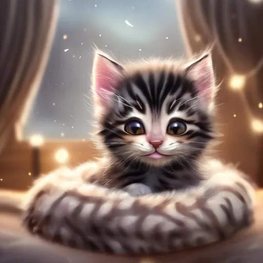 Prompt: Realistic depiction of a cute kitten in a cozy bed, soft fur with intricate details, warm and inviting lighting, peaceful and serene atmosphere, high quality, realistic, detailed fur, cozy setting, adorable, professional, warm tones, peaceful lighting