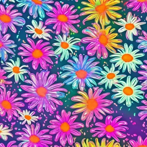 Prompt: Lisa frank style holographic daisies