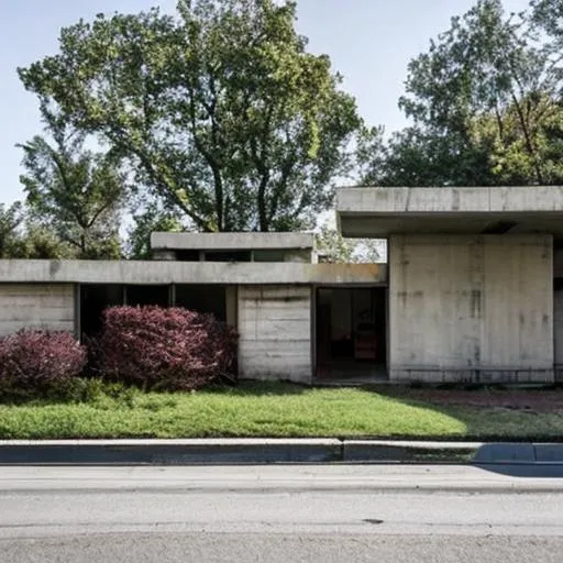 Prompt: a neighborhood of brutalist architecture home.