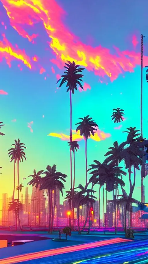 Prompt: vaporwave city, neon lighting, beautiful sunset, palm trees, Retro, high quality, 4k, visible sun
