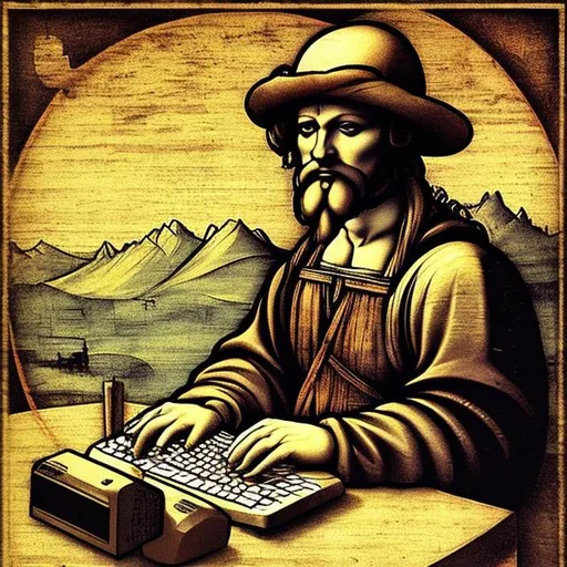 Prompt: computer desktop with keyboard and mouse, drawing in the style of Leonardo da Vinci