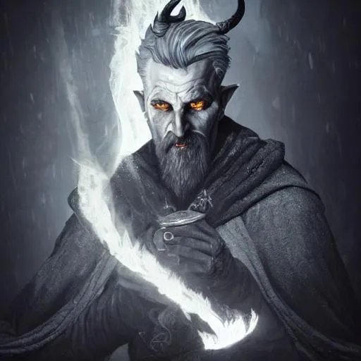 Prompt: Portrait of Old tiefling Olgierd von Everec with bat wings on his back, grey hair and piercing, a flame in one hand, a simicar in other hand, dark snowy iceberg, perfect composition, hyperrealistic, super detailed, 8k, high quality, trending art, trending on artstation, sharp focus, studio photo, intricate details, highly detailed, by greg rutkowski