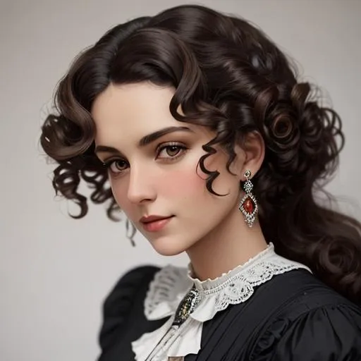 Prompt: An attractive 35 year old woman with very curly hair, elegant, Victorian era, 19th century, facial closeup