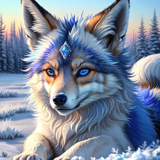 Prompt: (masterpiece, professional oil painting, epic digital art, best quality, highly detailed, UHD:1.5), extremely beautiful ((fox-wolf)), (canine quadruped), female, adolescent, ice elemental, deep blue-silver fur covered in frost, (bashful hypnotic sapphire blue eyes), 8k eyes, sprawled on frosted field, insanely beautiful, gorgeous silver mane covered in frost, (plump:2), by Anne Stokes, by Yuino Chiri, detailed detailed scowling face, finely detailed fur, hyper detailed fur, (soft silky insanely detailed fur), moonlight beaming through clouds, grassy field covered in frost, fluffy fox ears, cool colors, beaming sun, professional, symmetric, golden ratio, unreal engine, depth, volumetric lighting, rich oil medium, (brilliant auroras), (ice storm), full body focus, beautifully detailed background, highly detailed defined furry legs, cinematic, 64K, UHD, intricate detail, high quality, high detail, masterpiece, intricate facial detail, high quality, detailed face, intricate quality, intricate eye detail, highly detailed, high resolution scan, intricate detailed, highly detailed face, very detailed, high resolution