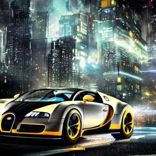 Bugatti Veyron in a futuristic cyberpunk city in the... | OpenArt