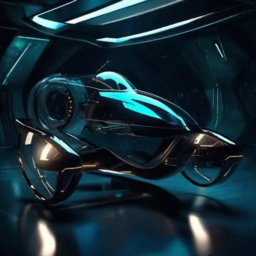 Prompt: a futuristic 2 seater jet like glass cockpit on 2 wheels like a bike in a dark cave