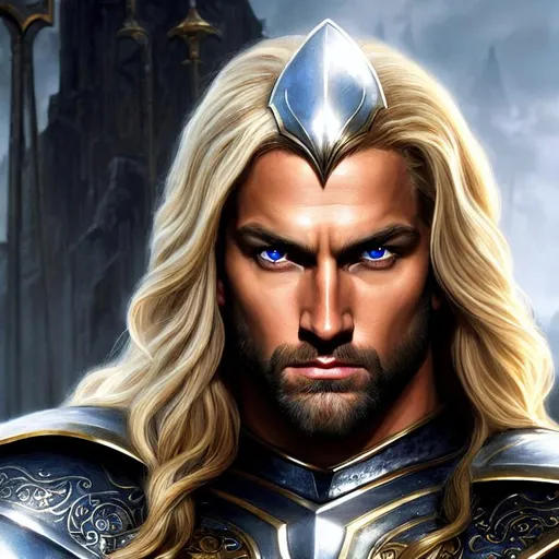 Prompt: Hyper realistic, long golden hair paladin with striking eyes, a beautiful, long, angular face, human ears, an intense stare, well-kept silver shining simple plate mail, rpg game, strong man, concept art, by alex ross