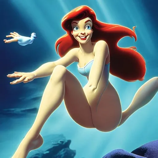 Prompt: Ariel from the little mermaid , swimming with human legs, five toes correctly, five fingers correctly, full body view