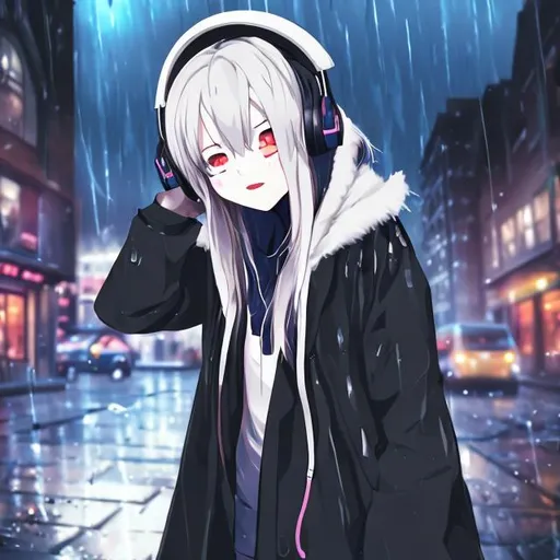 Prompt: anime girl dark in night rain street alone and lonely with coat on her head and uniform and listening to music by headphones
