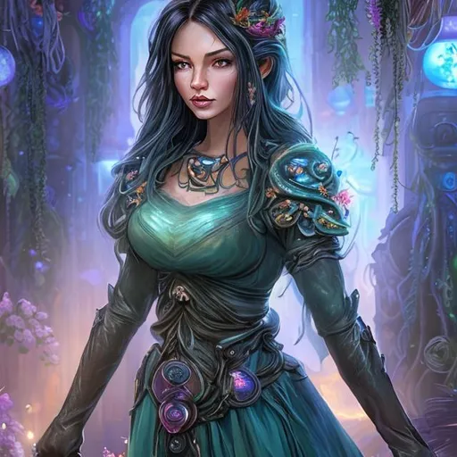 Prompt: Hyper realistic version of Relena Peacecraft. Aged into her 30's. Wearing a long and elegant blue green dress, long black leather gloves, and black 6 inch heels. Straw colored hair. A seductive smirk on her face. Full body. Setting is an outdoor garden, at night, with many colored plants.  Similar to Pandora from Avatar.  2 Japanese style lanterns floating in the back ground.