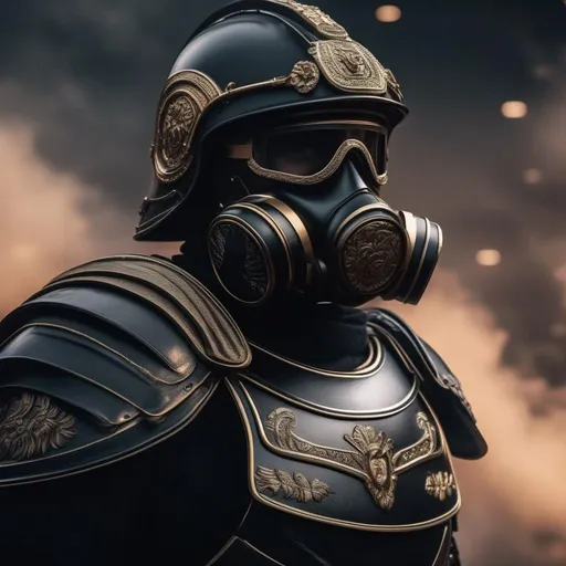 Prompt: A modern roman military male in black military armor galea helmet of roman armor, and gas mask, background Roman futuristic Hyperrealistic, sharp focus, Professional, UHD, HDR, 8K, Render, electronic, dramatic, vivid, pressure, nervous vibe, loud, tension, dark, Epic