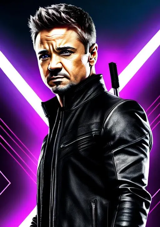 Prompt: High-resolution hyperrealistic photo of jeremy renner hawkeye merged with villain colin farrell bullseye, black and purple and white costume, uhd, hdr, 64k